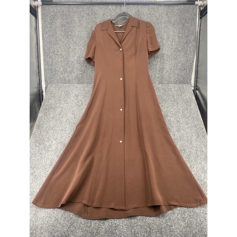 David Warren New York 100% Silk Maxi Dress Womens 6 Brown Button Front Silk